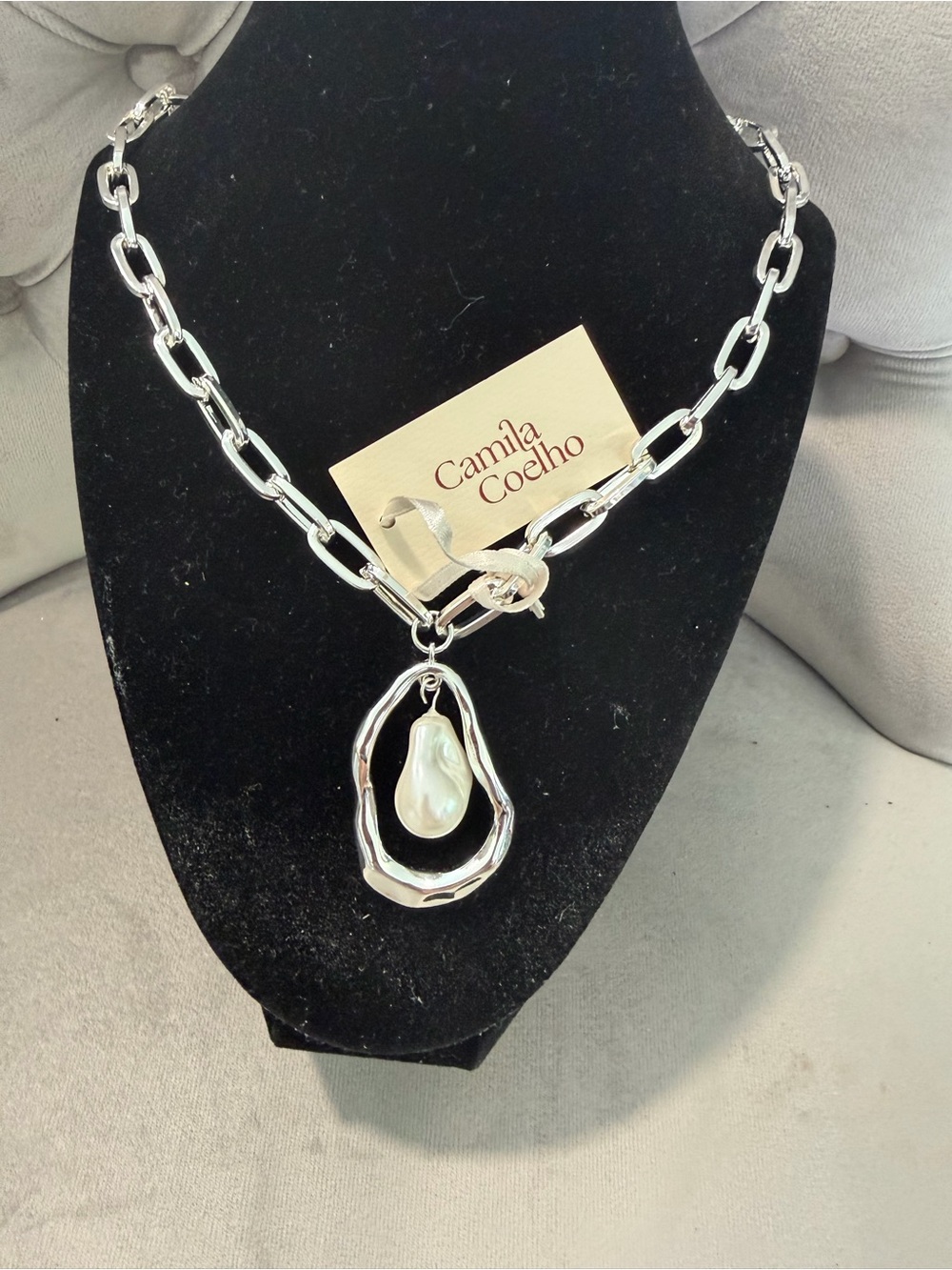 Camila Coelho Silver-tone Chunky Link Necklace with Baroque Pearl Pendant